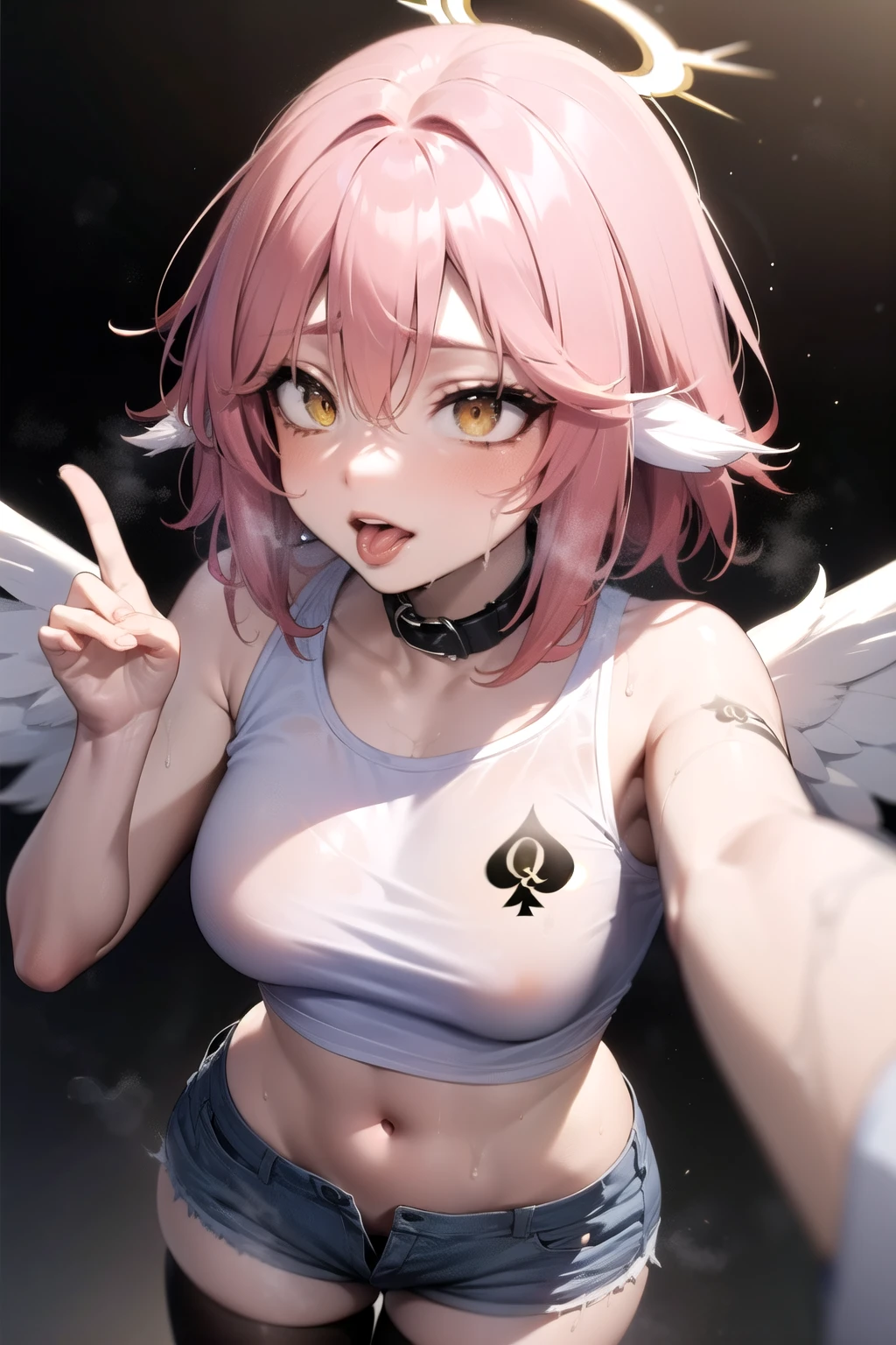 jibril, BREAK jibril, angel, angel wings, collar, animal ears, bird ears, compass rose halo, belly button, feathered wings, feathers, gradient hair, halo, long hair, low wings, multicolored hair, pink hair, symbol-shaped pupils, (salivating :1.2), thigh tattoos, tattooed, big breast, white wings, wing ears, wings, (yellow eyes:1.5), seductive look, seductive smile, Shiny skin, wet, sweaty, sweat, oiled, clothing. Oil, lotion, slime, slimy. Big breast. Sexy, hot, attractive, alluring. 
BREAK thighhighs, long gloves, zoomed in, cropped face, Fully clothed.  Midriff, sleeveless, crop top, short shorts, (her shorts are down:1.2), (underboob:1.3), thighhighs, (sweaty:2), steam, (wet:1.1), dripping, hot, sticky, orgasmic face. (Qos, queen of spades symbol:1.5).
BREAK (masterpiece:1.2), best quality, high resolution, unity 8k wallpaper, (illustration:0.8), (beautiful detailed eyes:1.6), extremely detailed face, perfect lighting, extremely detailed CG, (perfect hands, perfect anatomy), narrow eyes.