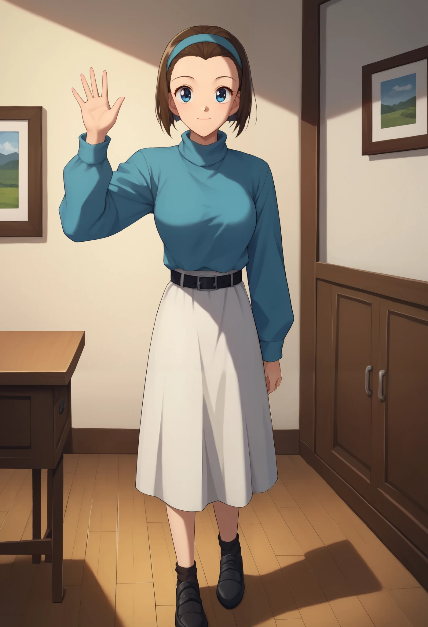 score_9, score_8_up, score_7_up, score_6_up, BREAK, SonokoSuzukiDCXL, 1990s (style), blue eyes, brown hair, short hair, bob cut, forehead, blue hairband, medium breasts, turtleneck, blue sweater, long sleeves, black belt, white skirt, black shoes, solo, full body, standing, waving, seductive smile, looking at viewer, indoors  