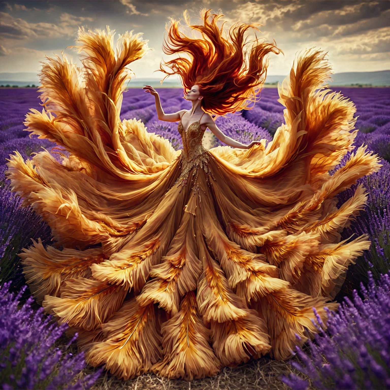 An exaggerated dress flowing art of A professional female dancer with long red hair wearing a golden long dress with feather-like petals, performing dance in a field of purple lavender flowers, blurry background, vibrant, photorealistic, ultra high definition photo.