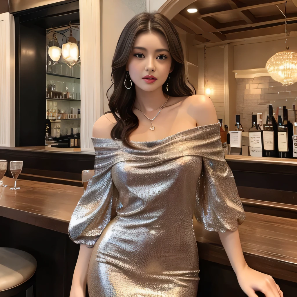 masterpiece, Highest quality, Realistic, Very detailed, Finer details, High resolution, 8k wallpaper, One beautiful woman, Wear an elegant off-shoulder knit dress with glitter, Wearing heels, A wonderful hotel entrance, At night, Light brown messy hair, Perfect dynamic composition, Beautiful and beautiful eyes、Big earrings、Looking back and laughing、Are standing、Big Breasts、whole body