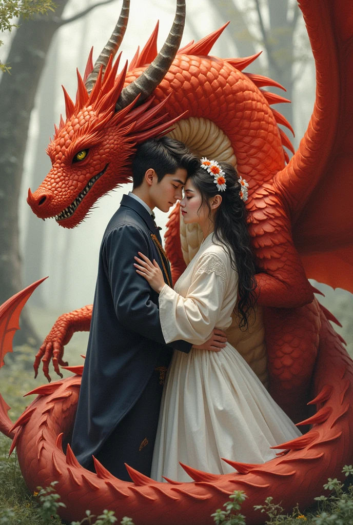 Two Female red dragons,Whit a male human,the dragons have Big tits And ass,the human Is claping one of the red dragons ass,the other one Is laying on the head of the red dragon while the human Is licking the one he ist clapig ass, all of them Are on a king sised bed