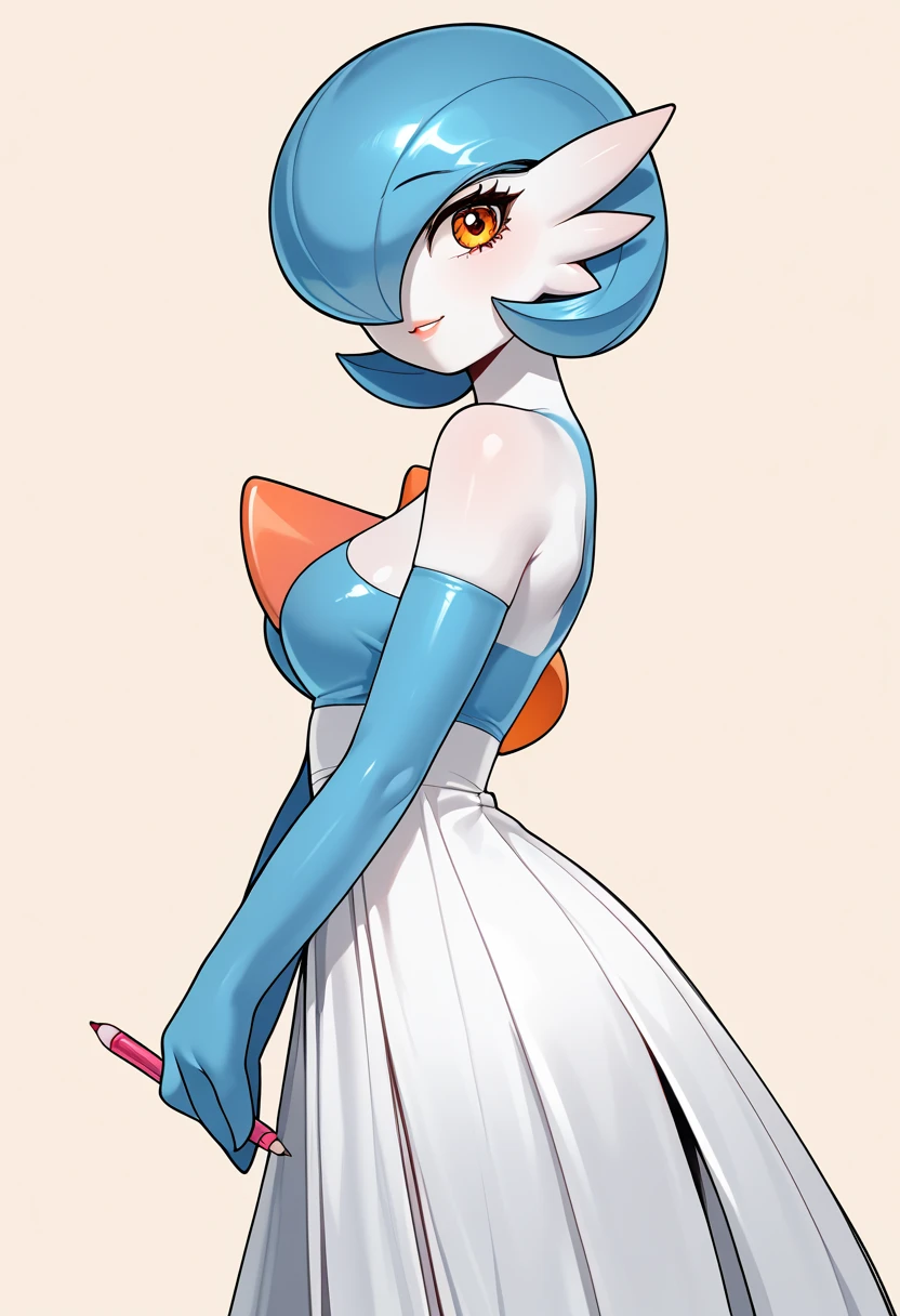 (((gardevoir))), female, anthro, porcelain white skin,score_9, score_8_up, score_7_up, score_6_up, gardevoir,  blue hair, golden eyes, short hair, soft purplish skin , lovely smile, vivid eyes, long dress, drawing_style, drawing, sketch, 1girl, looking at the viewer, solo, alone, lines drawing, soft colors, pencil drawing, masterpiece, highres