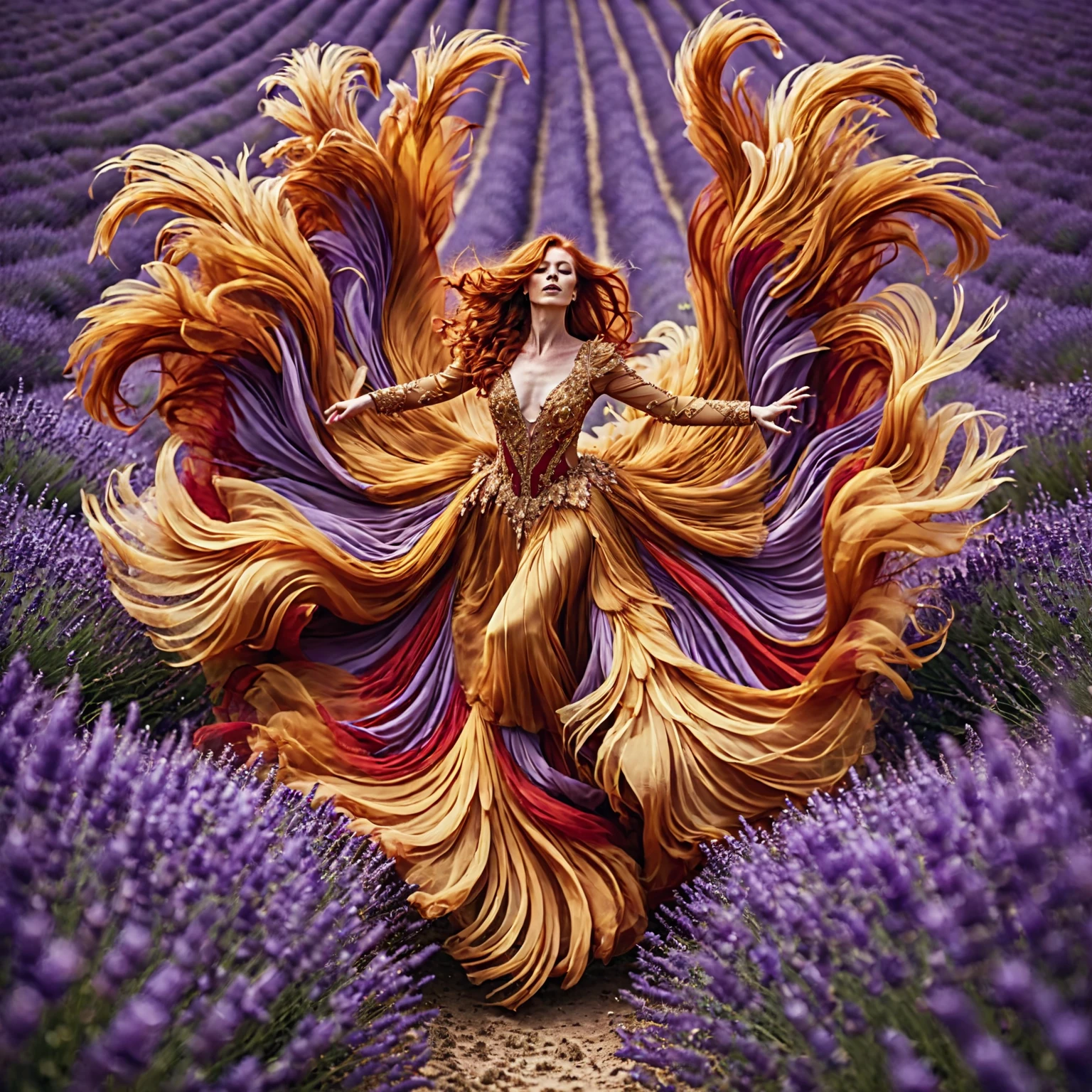 An exaggerated dress flowing art of A professional female dancer with long red hair wearing a golden long dress with feather-like petals, performing dance in a field of purple lavender flowers, blurry background, vibrant, photorealistic, ultra high definition photo.