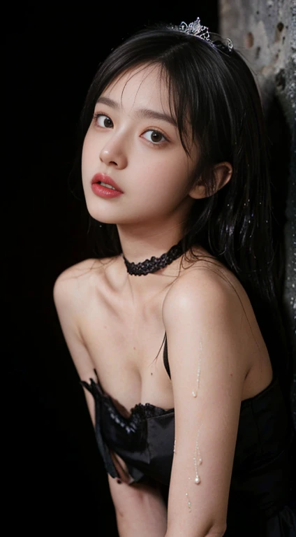 ((( top quality, 16K,  Masterpiece: 1.3))), ( black lace choker, black tiara,  Gothic lolita fashion with shoulders uncovered and a lot of exposed skin,  medium above the knee in black lace ,  Only for girls  :1.4)), ( Perfect photos from head to knees ), ((long braids,  black hair, with bangs, princess cut,  Vertical winding )), ( Realistic texture of the face and skin )), Skin glow,  Highlight the skin , 、( very detailed eyes , sharp pupils, realistic pupils,   sharp focus,  Very big eyes, Very long term ,  wet pupils )),  slightly distant eyes ,  Small hanging eyes ,  very long eyelashes,  very small and very thin nose ,  very small mouth , very thin lips, thin chin,  slightly longer neck ,  very thin waist, little ass,  thin and long legs,  Small and beautiful breasts directed upwards .,  soft look looking into the distance ,  dramatic lighting, Simple black background,