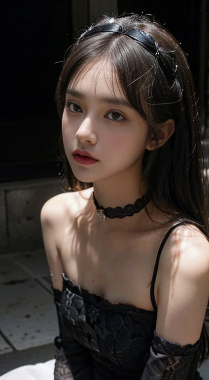 ((( top quality, 16K,  Masterpiece: 1.3))), ( black lace choker, black tiara,  Gothic lolita fashion with shoulders uncovered and a lot of exposed skin,  medium above the knee in black lace ,  Only for girls  :1.4)), ( Perfect photos from head to knees ), ((long braids,  black hair, with bangs, princess cut,  Vertical winding )), ( Realistic texture of the face and skin )), Skin glow,  Highlight the skin , 、( very detailed eyes , sharp pupils, realistic pupils,   sharp focus,  Very big eyes, Very long term ,  wet pupils )),  slightly distant eyes ,  Small hanging eyes ,  very long eyelashes,  very small and very thin nose ,  very small mouth , very thin lips, thin chin,  slightly longer neck ,  very thin waist, little ass,  thin and long legs,  Small and beautiful breasts directed upwards .,  soft look looking into the distance ,  dramatic lighting, Simple black background,