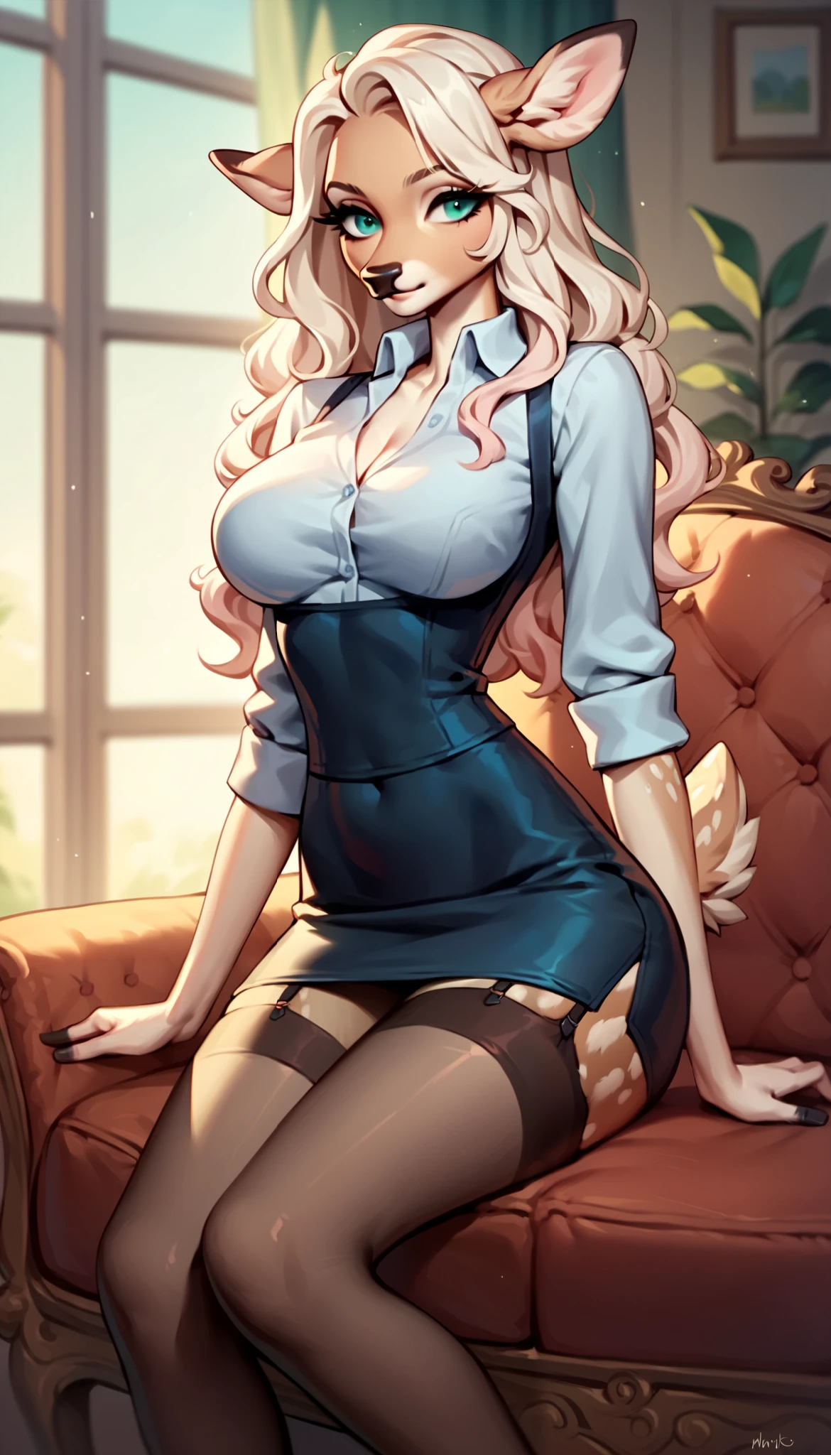 score_9, score_8_up, score_7_up, score_6_up, score_5_up, score_4_up, (solo), female anthro deer, secretary clothes, tight skirt, lusty, fluffy body, long blond hair, turquoise eyes, garter belt tights, sits on the armchair, 