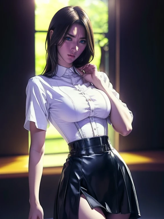 (strong and bright eyes)beautiful, beautiful woman, perfect anatomy, perfect body, perfect breasts, choker:1.6, captivating look, slight smile, realism, Masterpiece, Rough skin , super detailed, high detail, high quality, 最high quality, 1080P, 16k, realist, 1 girl, (black fur:1.6, waist length hair), crop top, shiny black leggings, Chapped lips, blush, evening, flores, sun, sunlighT, (in underwear), (white long sleeve collared shirt:1.4), shy