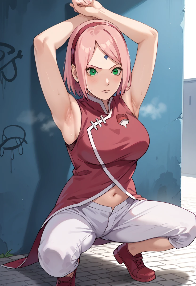 nsfw, (((haruno sakura))),green eyes ,pupil,pink hair, short hair,, red sleeveless dress, navel, large breasts, white pants,In a dimly lit alley ,Armpit,Armpit wrinkles,Armpit smell,Armpit juice,Arms up,Stretch,pubic hair,under hair,squat down, 