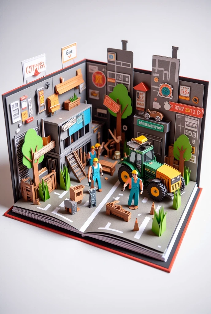 Origami scene contrasting old manual labor with modern machinery, illustrating increased productivity and improved working conditions.
