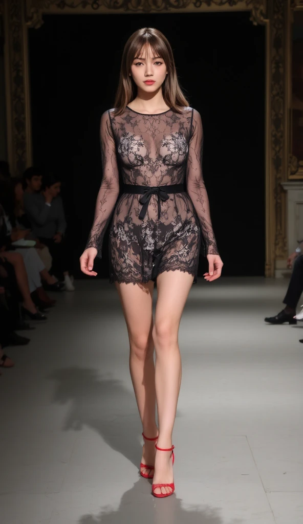 (masterpiece), (best quality), (Extremely detailed),(Messy hair),(illustration), (1 Girl), (Fashion), permanent, fashion model, Looking at the audience, (interview:1.3), Beautiful and delicate eyes, Delicate and beautiful face, Perfect body,dress,Long legs,((Modern style fashion:1.2)),((Pantyhose)),High heel,Very detailed details,Stand on the catwalk