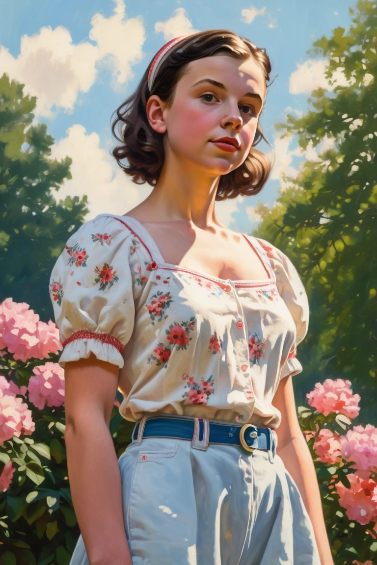 painting of a pale-skinned muscular brunette 18-year-old girl resembling Millie Bobby Brown with huge breasts in the style of Norman Rockwell, standing confidently in a sunlit park, naked, vibrant flowers surrounding her, a gentle breeze tousling her hair, a soft smile on her face, detailed background with a blue sky and fluffy clouds, warm color palette