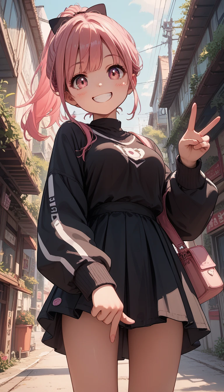 score_9, score_8_up, score_7_up,source_anime,anatomically correct, best perspective, 1 cute girl, pink hair, ponytail, black ribbon, pink eyes, happy Smile, medium breasts, black onepiece,mini skirt,piece sign