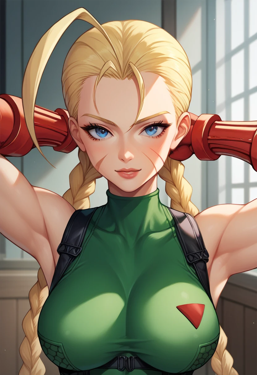 (masterpiece), best quality, expressive eyes, perfect face, highres, (mature:1.5), adult, 1girl, solo, cammy white, twin braids, long hair, blonde hair, antenna hair, (red headwear:1.3), blue eyes, scar on cheek, large breasts, green leotard, sleeveless, red gloves, fingerless gloves, camouflage, hands to hips, slight smiles, fantastic, magical background, standing, portrait, looking at the viewer,