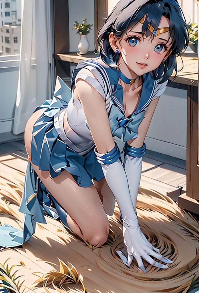 masterpiece,  top quality,  high definition ,  realistic , Show more1,  tiara ,  Sailor Warrior Uniform , blue skirt,  Blue Sailor Color ,  tiara , bow,  Knee High Boots ,  choker ,  white gloves, blue  choker , elbow gloves, gem,  earrings,  pleated skirt,  IN BED,  angle from below , ((spread pussy:1.1)), ((On all fours and from behind:1.3)) 