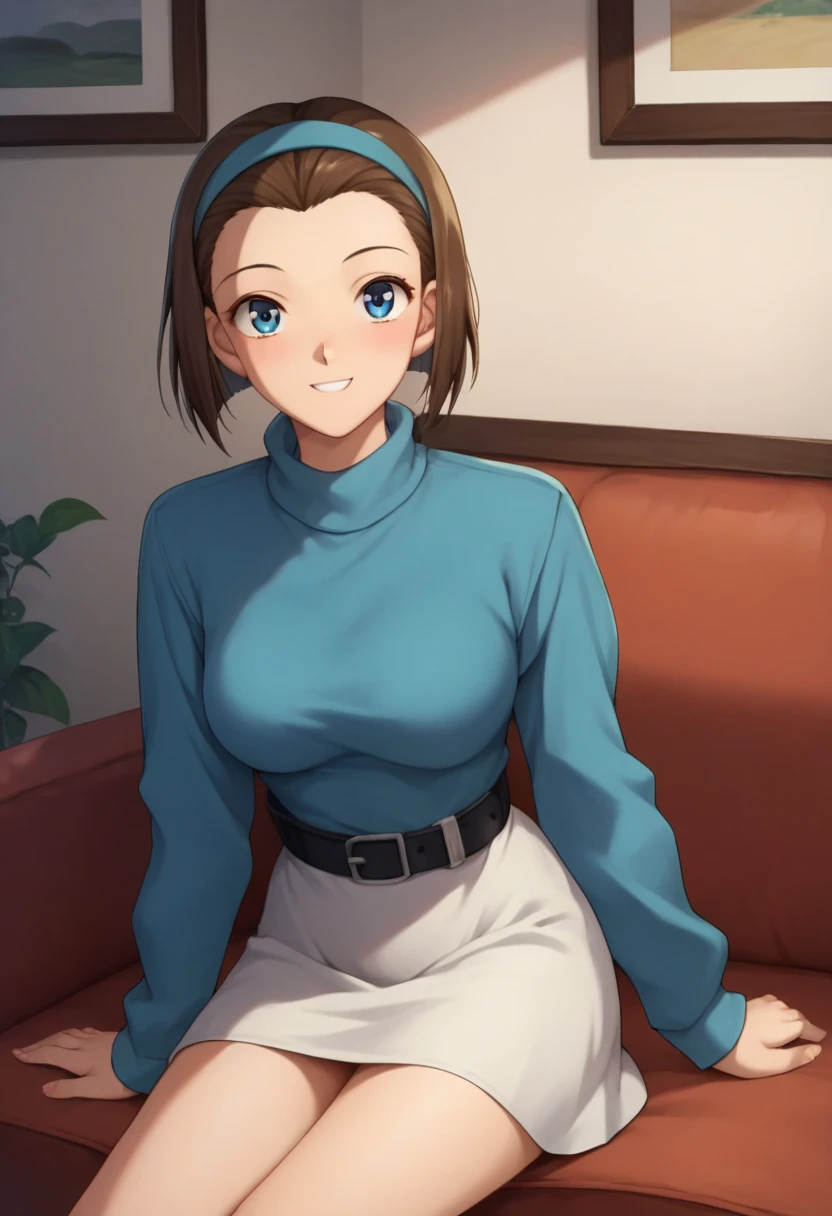 score_9, score_8_up, score_7_up, score_6_up, BREAK, SonokoSuzukiDCXL, 1990s (style), blue eyes, brown hair, short hair, bob cut, forehead, blue hairband, medium breasts, turtleneck, blue sweater, long sleeves, black belt, white skirt, solo, sitting, seductive smile, looking at viewer, indoors  