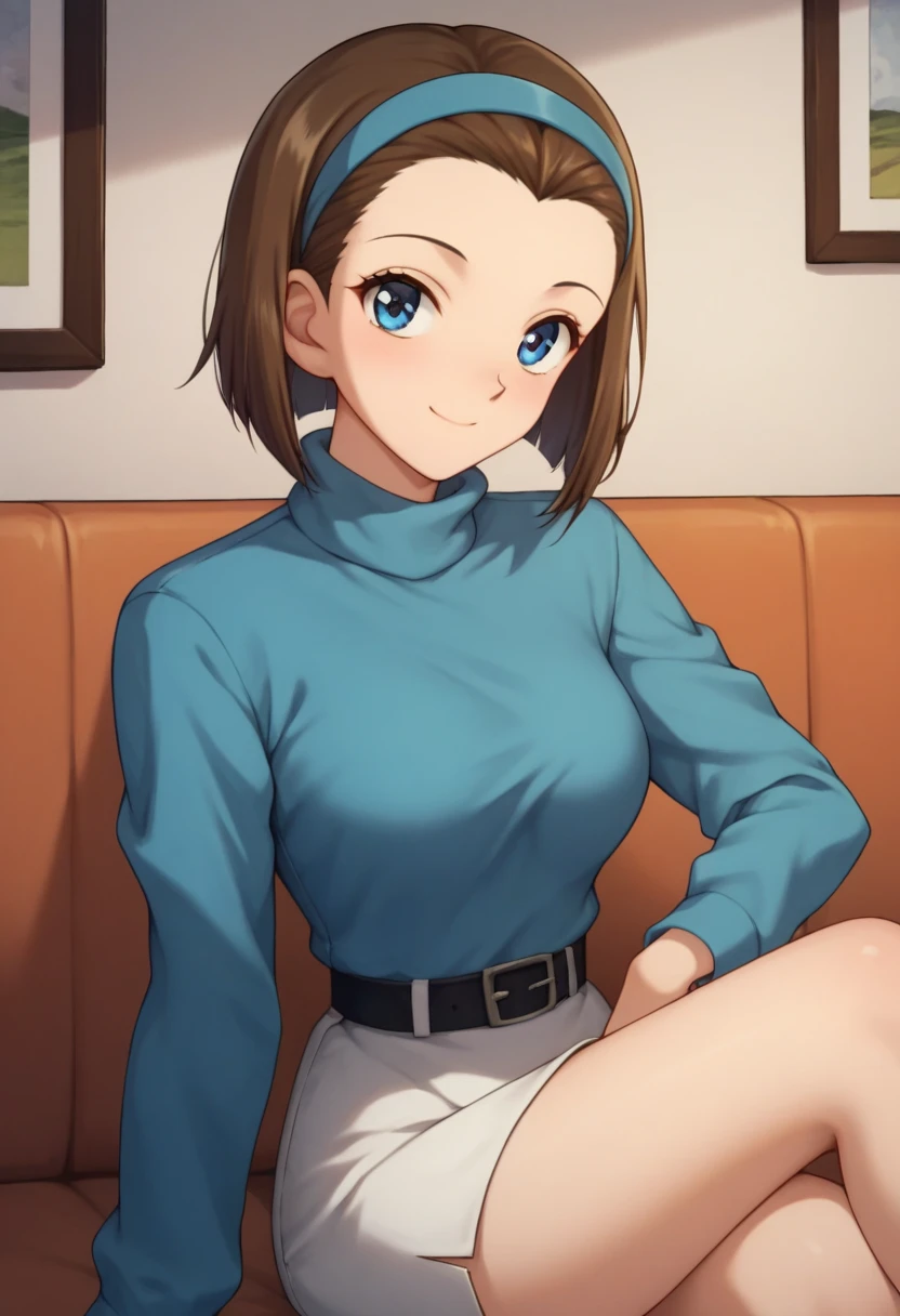 score_9, score_8_up, score_7_up, score_6_up, BREAK, SonokoSuzukiDCXL, 1990s (style), blue eyes, brown hair, short hair, bob cut, forehead, blue hairband, medium breasts, turtleneck, blue sweater, long sleeves, black belt, white skirt, solo, sitting, seductive smile, looking at viewer, indoors  