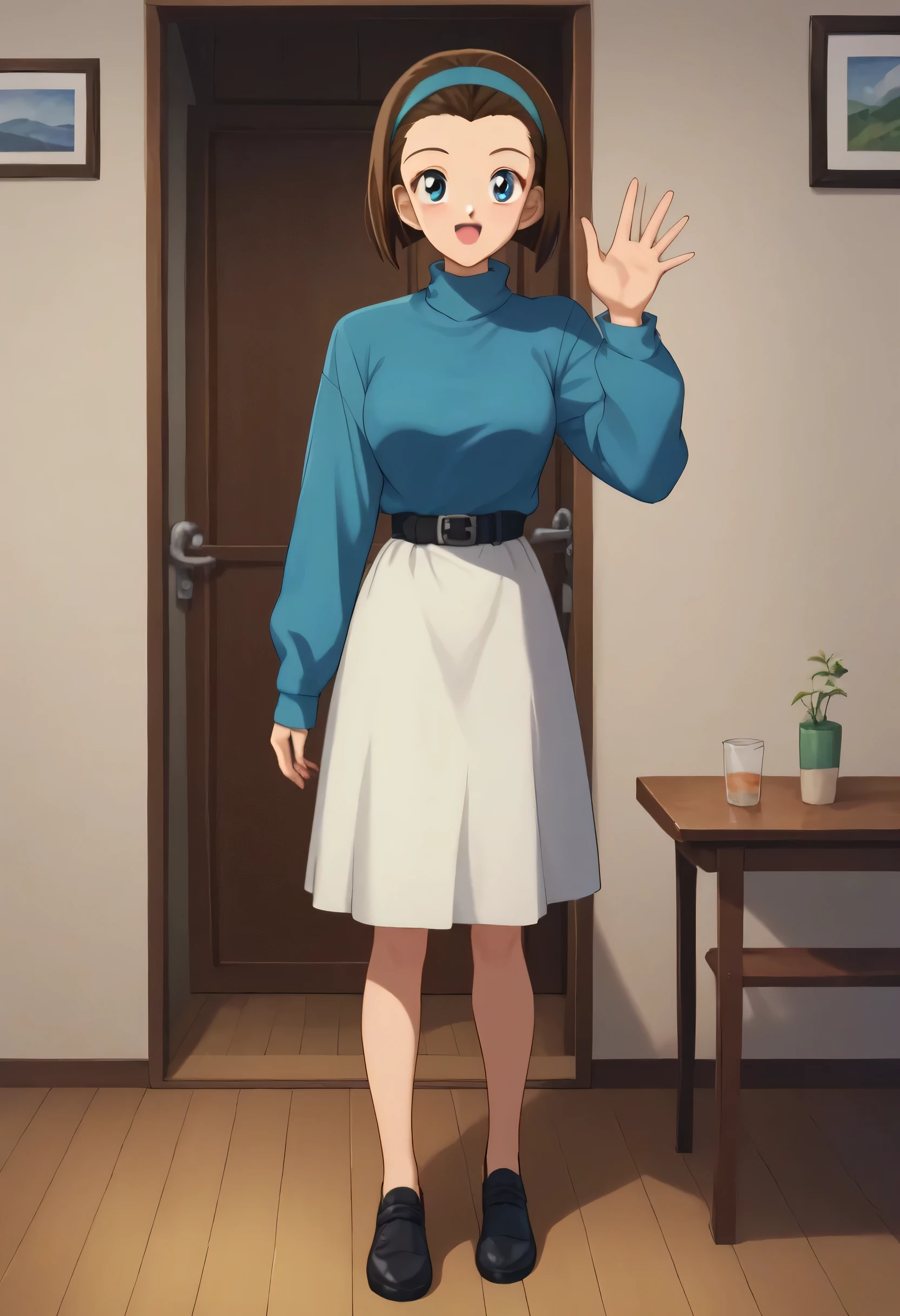 score_9, score_8_up, score_7_up, score_6_up, BREAK, SonokoSuzukiDCXL, 1990s (style), blue eyes, brown hair, short hair, bob cut, forehead, blue hairband, medium breasts, turtleneck, blue sweater, long sleeves, black belt, white skirt, black shoes, solo, full body, standing, waving, seductive smile, looking at viewer, indoors  