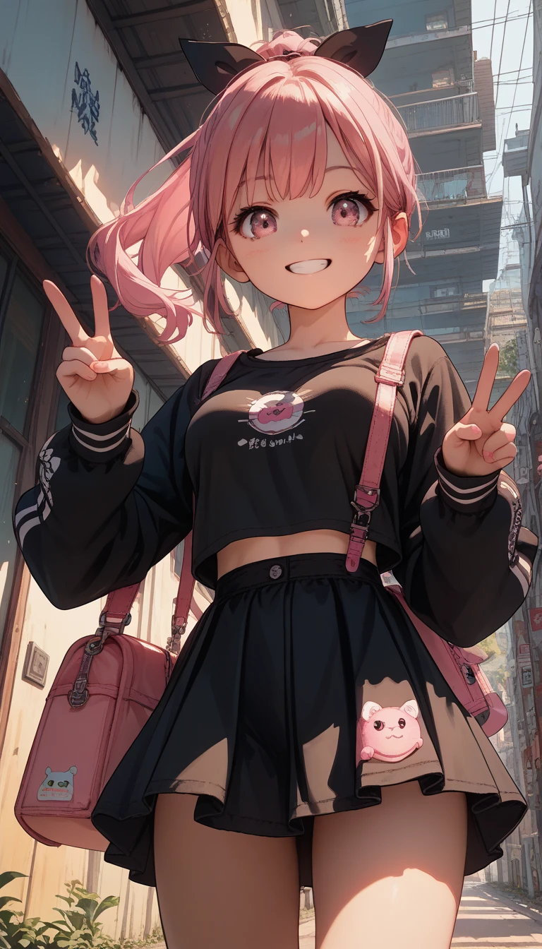 score_9, score_8_up, score_7_up,source_anime,anatomically correct, best perspective, 1 cute girl, pink hair, ponytail, black ribbon, pink eyes, Smile, medium breasts, black onepiece,mini skirt,piece sign