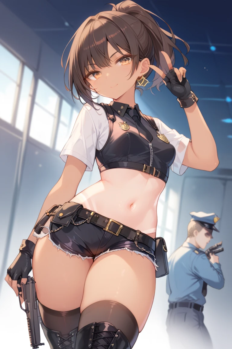 1girl, tan skin, tan, tan-skinned female, from behind, ass, ass focus, thong, panties, jacket, smile, smirk, smug, breasts, huge ass, thick thighs, mature female, black hair, very short hair, yellow eyes, forest, black jacket, ((black jacket)), hooded jacket, belt, military hat, cap, gloves, highleg, gun, highleg thong, black thong, tomboy, pixie cut, thighhighs, black thighhighs, ((highleg)), military jacket, female only, solo