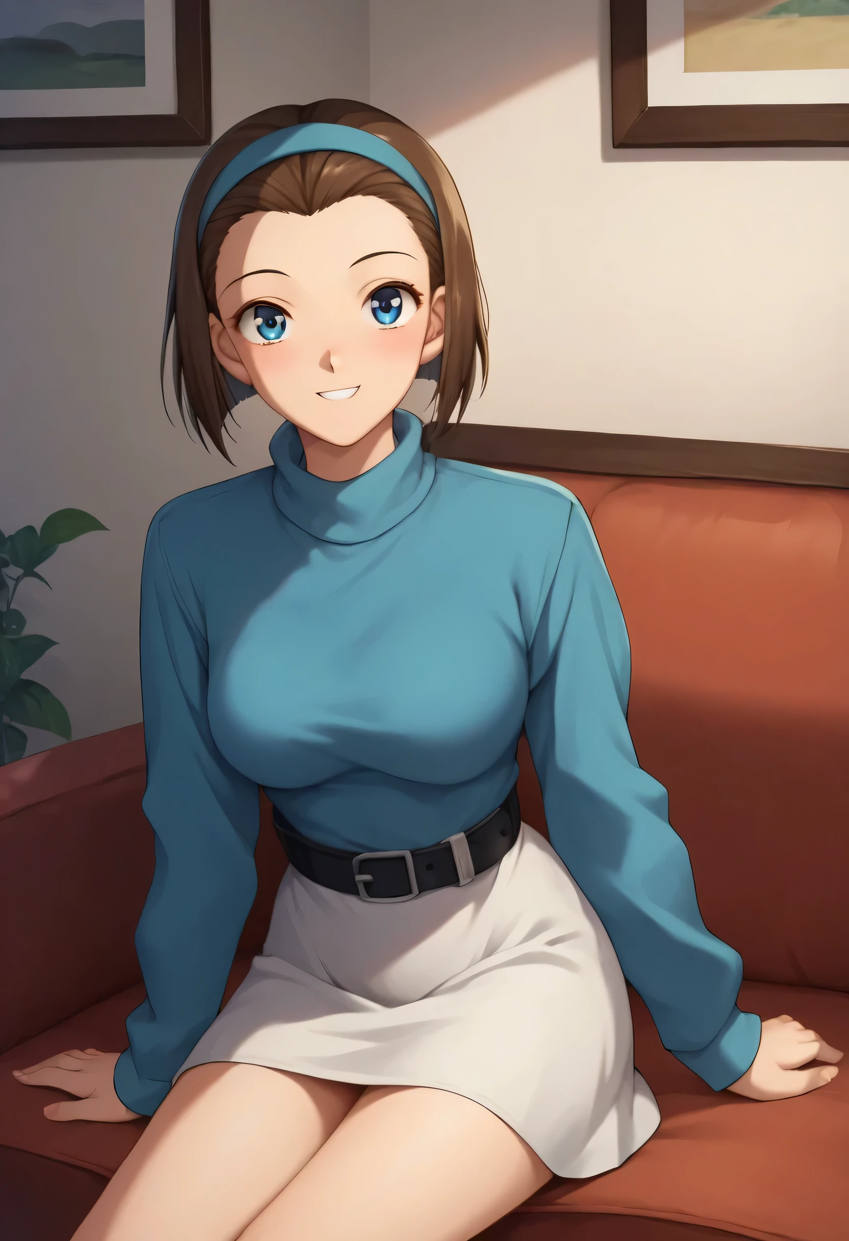 score_9, score_8_up, score_7_up, score_6_up, BREAK, SonokoSuzukiDCXL, 1990s (style), blue eyes, brown hair, short hair, bob cut, forehead, blue hairband, medium breasts, turtleneck, blue sweater, long sleeves, black belt, white skirt, solo, sitting, seductive smile, looking at viewer, indoors  