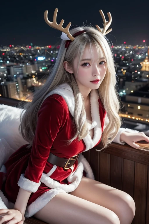 winter, a snowy night sky, a flying sleigh, a girl dressed as Santa Claus riding in a Christmas sleigh, two reindeer pulling the sleigh, lots of gift boxes, flying over the urban area, Tokyo, gorgeous cityscape, city shines with christmas decorations, fidgeting, blushing, wavy long length hair, pale yellow and white hair, hair fluttering in the wind, beautiful white-colored translucent skin, slendar figure, adult sexiness, alluring, glossy face, cold and shivering, {realistic}, {cinematic}, {photogenic}