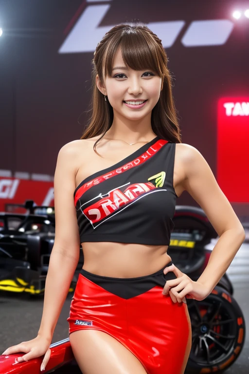 (((   One Shoulder Grid Girl Costume ))),((( My  sister who wears it shows off her cute décolletage))),(((  showing the inside of her thighs  ))),(((Show off your Formula One car))), Ulchan - 6500-v1 .1, (  RAW photo:1.2), ( realistic :1.4),   Restrained Saddle   ,  Highly   Details eye and Faces ,  美しい Detailsなeye, 超 Details,    high definition ,  top quality, ​masterpiece,    high definition , 8k wallpaper,   amazing,   Details ,  top quality,  eye ,  movie lights ,  One Girl ,(Automobile racing track),  美しいeye ,smile,  open her mouth 