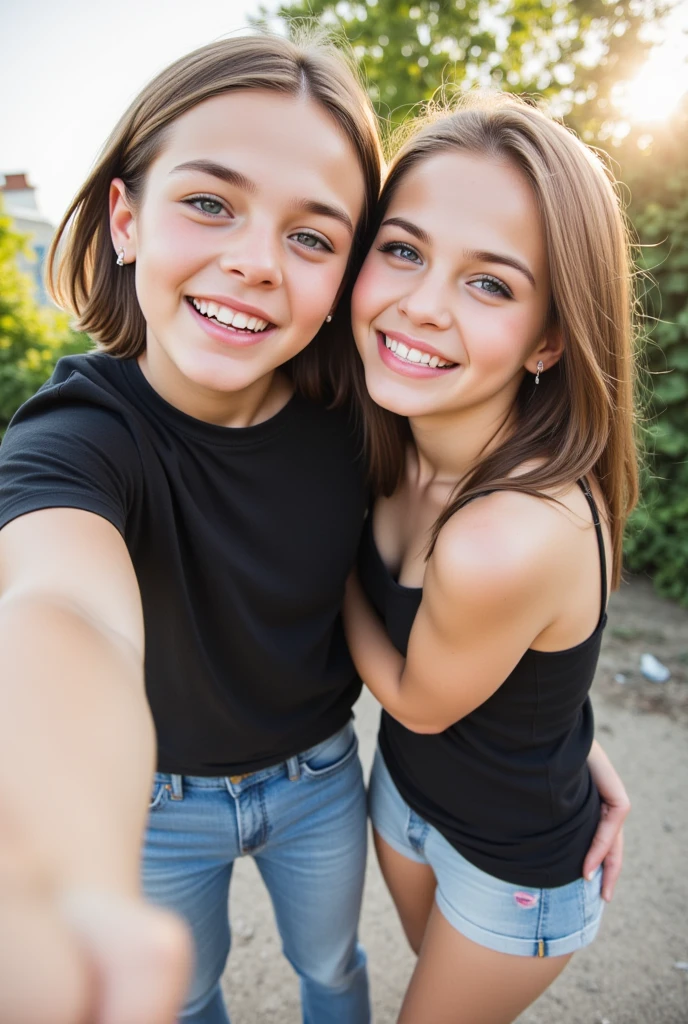 A ten-year-old boy is standing close to ten-year-old girl and they took selfie and they are giggling and boy is little bit taller than girl like 1 inch and boy has taken his hand on girls shoulder they are looking at the camera, he has wear black shirt and tshirt and jeans and she has topless wear short skirt, they are good friends
