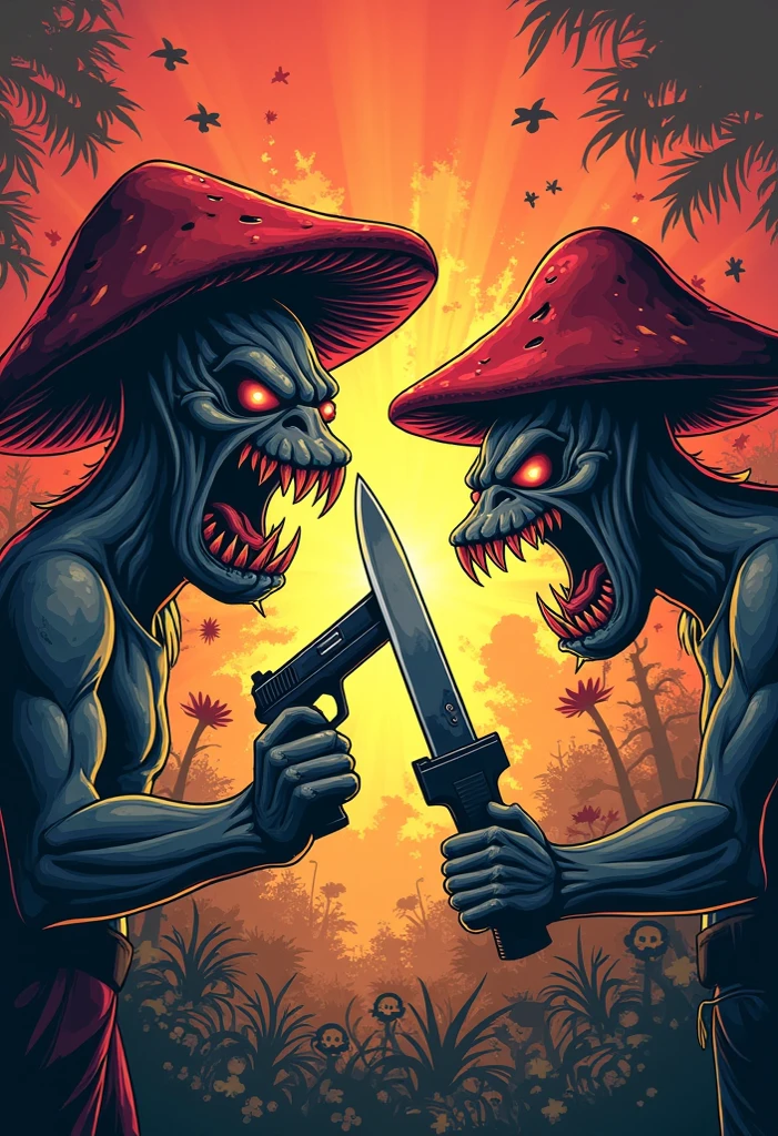 vector horror art on the diverse background, upper left a full body screaming crazy anthropomorphic evil mushroom: ''The Triggercaps'' with a gun in front of his face, in the centre graffiti text overlay: ''VS.'', lower right a full body screaming crazy anthropomorphic evil mushroom: ''The Blade Caps'' with a knife in front of his face