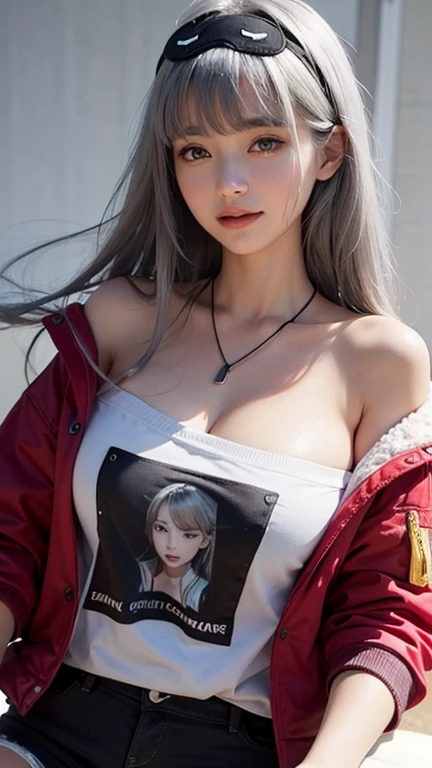 (masterpiece), ( top quality), ( super detailed),( illustrations), ( 1 girl), watching the viewer, (Interview), beautiful detailed eyes,   delicate beautiful face , floating,( high saturation),(Shine),  Big Breasts , , Grey Hair,  white shirt,  red jacket,  fur trim, Open the clothes,  off shoulder ,  black pants , imtdlukac ,  Necklaces , Sleep Mask, Smiled