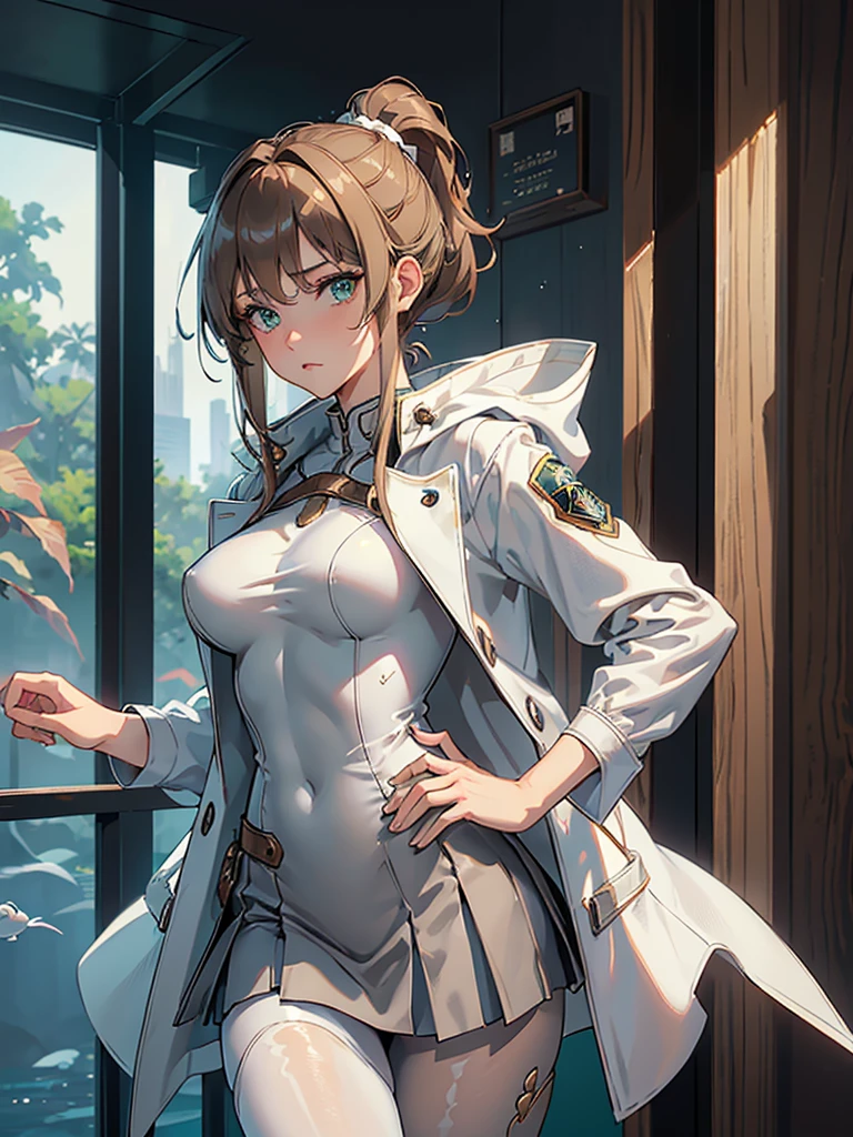 masterpiece, best quality, <lora:chkalov-nvwls-v1-000009:0.8> chkalov, brown eyes, choker, labcoat, black shirt, cleavage, white skirt, belt, black gloves, pantyhose, large breasts, cowboy shot, hands to hips, serious, sky, clouds, sunset