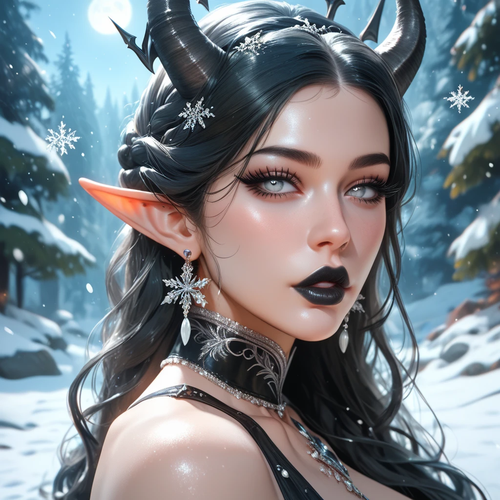 ((Masterpiece)), ((highres)), a beautifully detailed woman withe white demon horns, white demon tail, pale skin almost grey, defined eyes, ((grey iris)), dark eye shadow, long eyelashes, elf ears, defined lips, black lipstick, ((long black hair)), hourglass body, big butt, big breast, snow around her, full moon background, yule asthetic, snowflakes falling, black clothes, black feather shaw, mistle toe