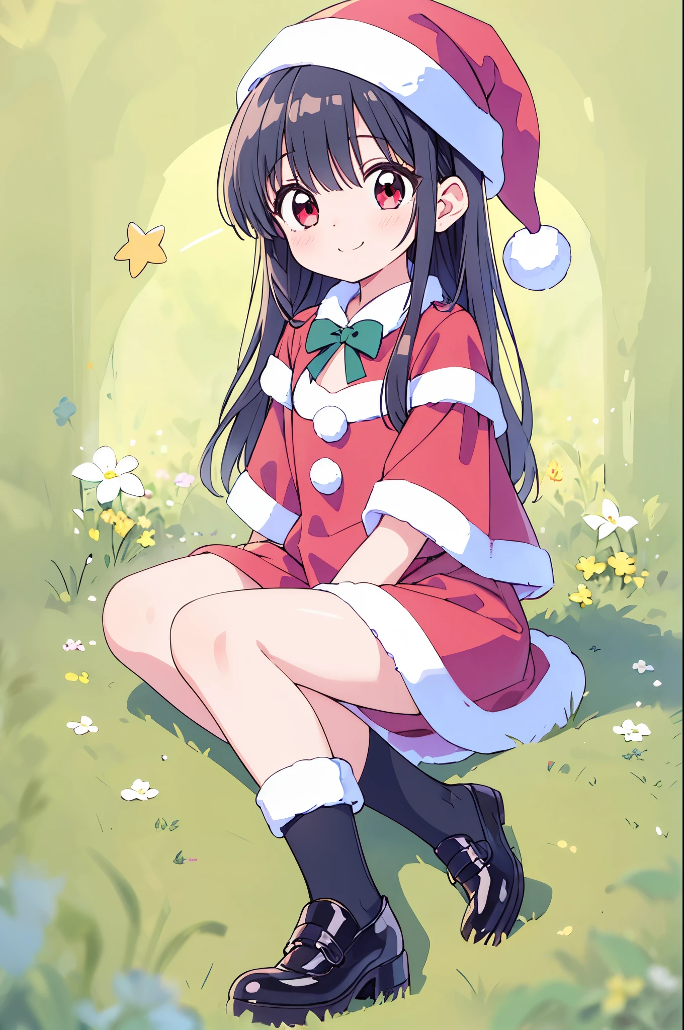  1 girl ,Shiny jet black hair,Long straight hair,
Puff out your cheeks,
red eyes,( Oblique Eyes :1.1),( I have one big mole under my left eye:0.8),
Stargaze,
 full body photo,
A perfect smile,
 Santa costume  ,サンタブーツ,
  medium chest ,
(Teen:1.1),

 top quality, high definition, sharp concentration,  Masterpiece  ,  vibrant colors,Natural look,
Accurate,  anatomically correct, 