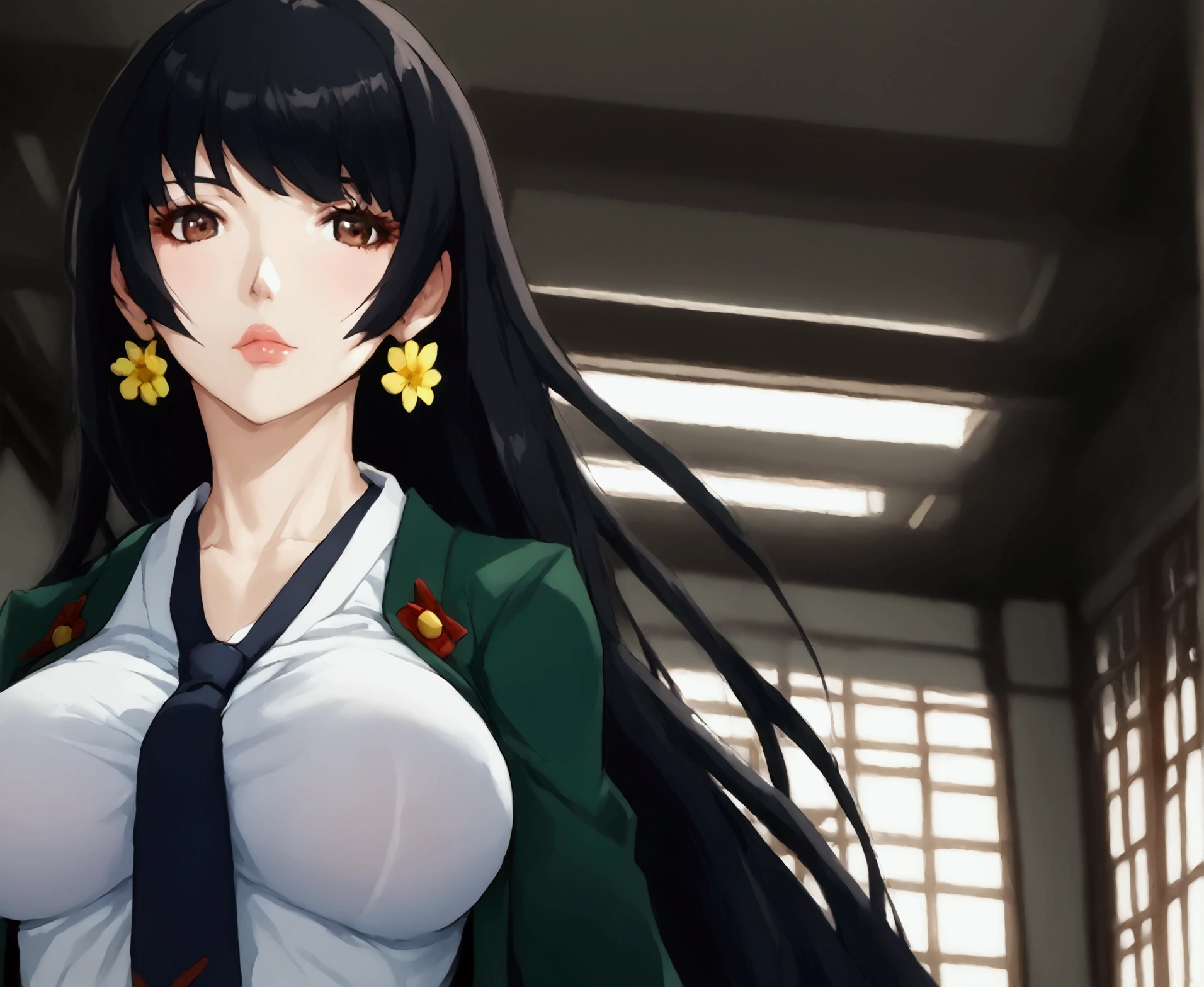 (  anime style  , anime 2d, detailed),   a beautiful teenage girl from high school with big and beautiful breasts ,  with long black hair and beautiful fringe on the front ,   and wigs in the front that reach a little below the shoulder  ,   and pretty pink lips  ,   wearing a traditional Japanese uniform similar to a white shirt with the chest buttons partially open leaving the breasts subtly exposed, with a tie,  and a green coat over her palace-like shirt Echo of a suit  ,  And a gray miniskirt ,   with long black socks that reach the base of the hips  ,   with gold flower earrings on the ears  ,  beautiful brown eyes ,  with a pair of long-barbed leather boots with red laces .   The background will be at a Japanese school and the character will have her back turned to a stairs downstairs  