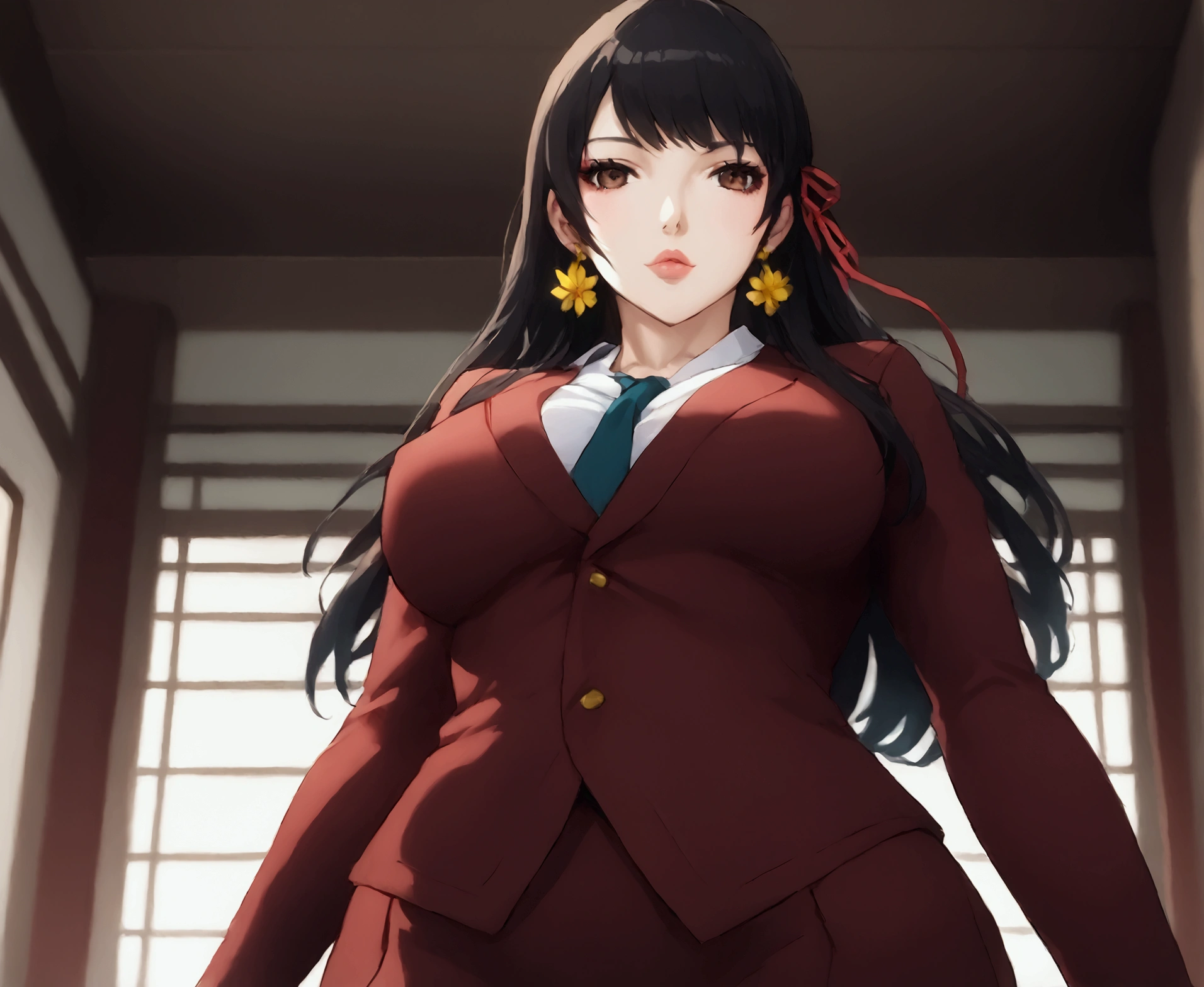 (  anime style  , anime 2d, detailed),   a beautiful age girl from high school with big and beautiful breasts ,  with long black hair and beautiful fringe on the front ,   and wigs in the front that reach a little below the shoulder  ,   and pretty pink lips  ,   wearing a traditional Japanese uniform similar to a white shirt with the chest buttons partially open leaving the breasts subtly exposed, with a tie,  and a green coat over her palace-like shirt Echo of a suit  ,  And a gray miniskirt ,   with long black socks that reach the base of the hips  ,   with gold flower earrings on the ears  ,  beautiful brown eyes ,  with a pair of long-barbed leather boots with red laces .   The background will be at a Japanese school and the character will have her back turned to a stairs downstairs  