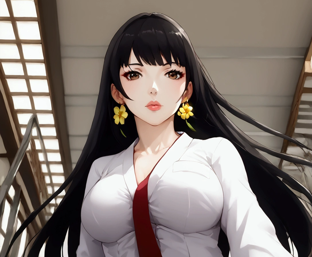 (  anime style  , anime 2d, detailed),   a beautiful teenage girl from high school with big and beautiful breasts ,  with long black hair and beautiful fringe on the front ,   and wigs in the front that reach a little below the shoulder  ,   and pretty pink lips  ,   wearing a traditional Japanese uniform similar to a white shirt with the chest buttons partially open leaving the breasts subtly exposed, with a tie,  and a green coat over her palace-like shirt Echo of a suit  ,  And a gray miniskirt ,   with long black socks that reach the base of the hips  ,   with gold flower earrings on the ears  ,  beautiful brown eyes ,  with a pair of long-barbed leather boots with red laces .   The background will be at a Japanese school and the character will have her back turned to a stairs downstairs  