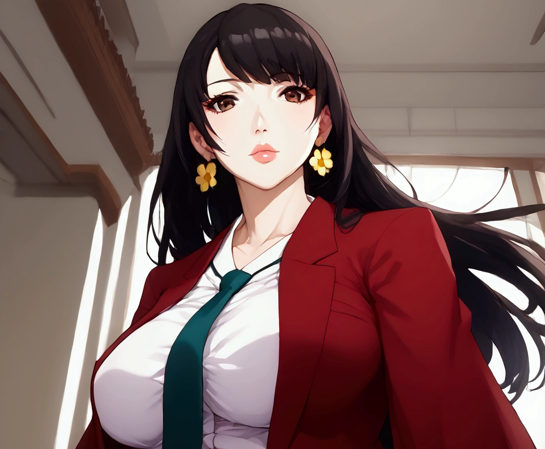 (  anime style  , anime 2d, detailed),   a beautiful teenage girl from high school with big and beautiful breasts ,  with long black hair and beautiful fringe on the front ,   and wigs in the front that reach a little below the shoulder  ,   and pretty pink lips  ,   wearing a traditional Japanese uniform similar to a white shirt with the chest buttons partially open leaving the breasts subtly exposed, with a tie,  and a green coat over her palace-like shirt Echo of a suit  ,  And a gray miniskirt ,   with long black socks that reach the base of the hips  ,   with gold flower earrings on the ears  ,  beautiful brown eyes ,  with a pair of long-barbed leather boots with red laces .   The background will be at a Japanese school and the character will have her back turned to a stairs downstairs  