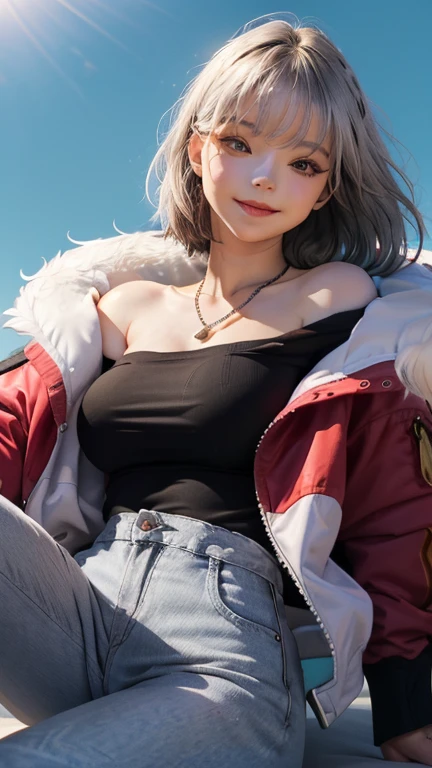 (masterpiece), ( top quality), ( super detailed),( illustrations), ( 1 girl), watching the viewer, (Interview), beautiful detailed eyes,   delicate beautiful face , floating,( high saturation),(Shine),  Big Breasts , , Grey Hair,  white shirt,  red jacket,  fur trim, Open the clothes,  off shoulder ,  black pants , imtdlukac ,  Necklaces , Sleep Mask, Smiled