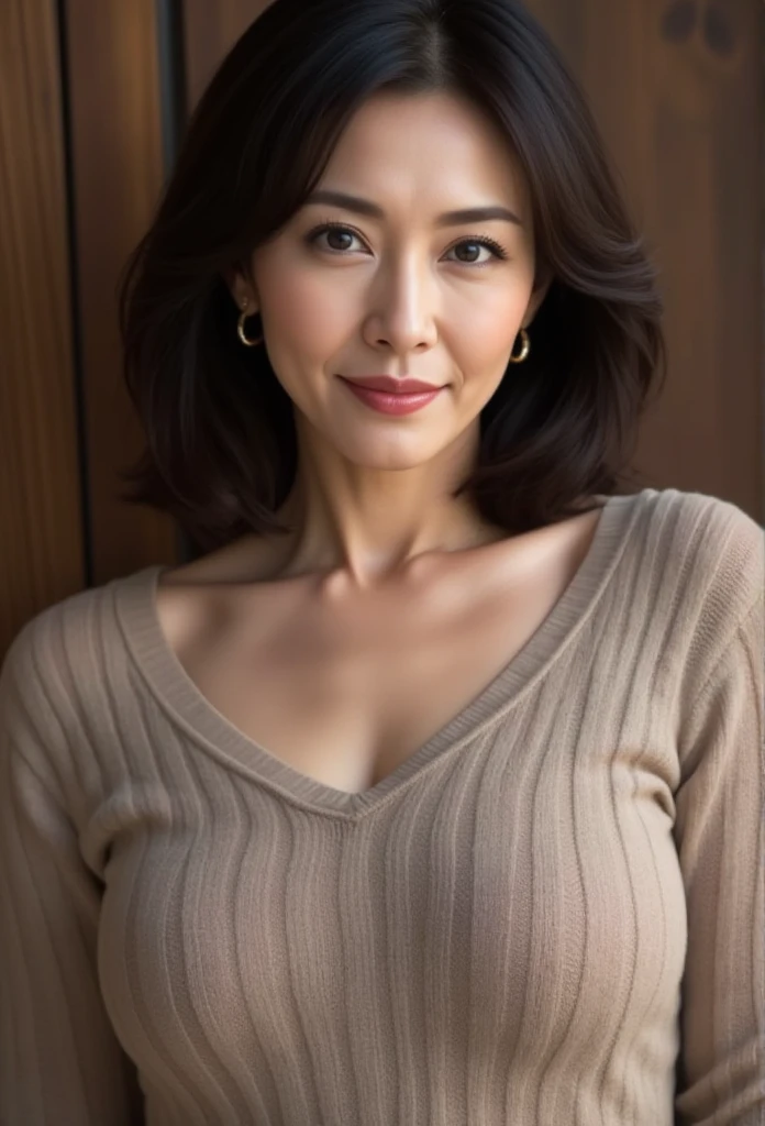 ((Flat Chest:1.5)), ((Flat Chest:1.5)), ((Flat Chest:1.5)), ((Flat Chest:1.5)), ((skinny:1.5)), ((Small breasts:1.5)), (View your audience:1.5), (Looking into the camera:1.5), Japanese, The most beautiful Doctor, Physical build, Short arms, ((length, Narrow eyes)), Fleeting atmosphere, 38 years old, (Beautiful straight light brown medium hair:1.5), bangs, ((Thin lips)), ((In the city of Ginza)), ((Midi-length belted collared shirt dress)), (unbutton:1.1), (cleavage:1.2), ((necklace)), masterpiece, Highest quality, Detailed skin, Detailed face, fine grain, 8k, Excellent anatomy, Portraiture, (Dynamic pose:1.5), Very small mole on left cheek,