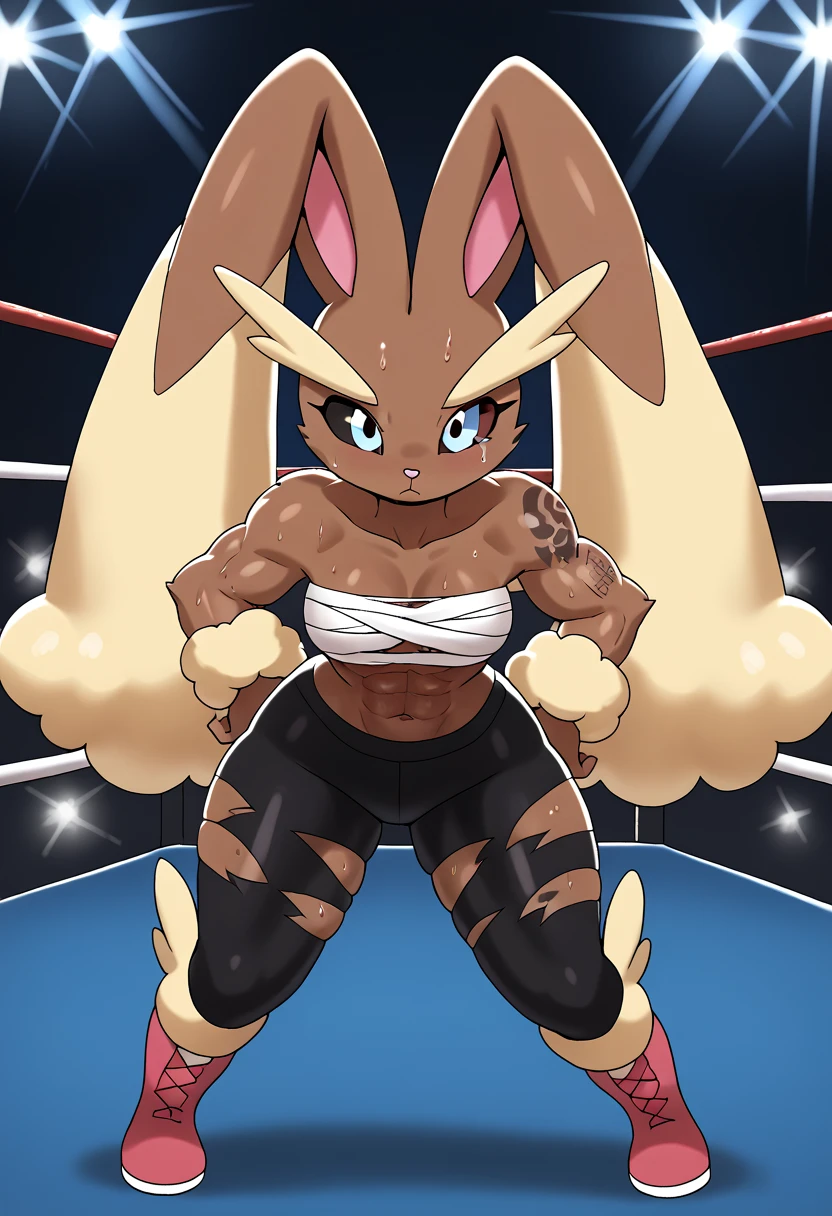 (((lopunny))), female, anthro, furry, body fur, detailed fur, messy fur, score_9, score_8_up, score_7_up,  masterpiece, source_anime, BREAK 1girl, solo, lopunny, 1girl, blue eyes, black sclera, bunny ears, tattoo, muscular, PitFighter, brown fur, strapless, bandages, chest wrap, bandage bandeau, bare shoulders,  torn pants, black pants, boots, looking at viewer, sweltering, panting, exhausted, cuts, bruises, damaged, torn clothes, blood, sweaty, very sweaty, sweat, wet fur, glistening fur, sweating, sweatdrops, steaming body, indoors, fighting ring as background, masterpiece, high quality, best quality, highly detailed, insanely detailed, th3d34thcr0wo5,Thedeathcrow05,Thedeathcrow05 art style,
