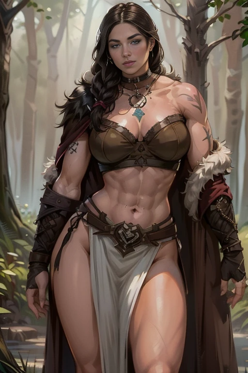 (masterpiece, highest quality, Realistic, High resolution, photograph, :1.3), Sharp focus, beautiful Femail warrior, perfect beautiful face, long hair, voluptuous body, Abs, muscle, bikini armor, loincloth, cloak, standing pose, in dark forest, ((whole body shot)), full body,