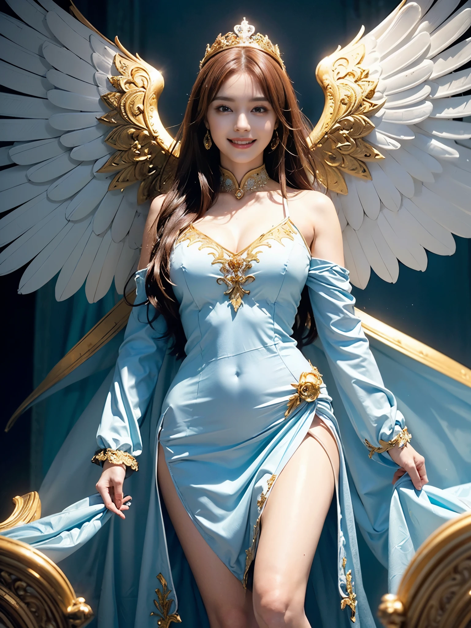 ((Very beautiful angel queen,The final form as a perfect angel, the masterpiece of an angel,Huge and intricate angel wings,The most dignified wings,Golden light,shining background,The most opulent and holy temple background,White and gold temple background,King of Angels, The most dignified angel, ((extremely detailed beautiful dresses)), (Intricate and solemn dresses, Light blue and gold embellishment dress on white, Light blue and gold dress on white base), (The most intricate and beautiful dresses, dresses decorated with some expensive jewels), ((extremely detailed gorgeous jeweled necklace)), Complex and majestic angel figure, The most intricately depicted figure of an angel, The World's Most Beautiful, Unimaginable beauties, (slim figure, attractive body shape, divine atmosphere), (smooth thin hair very fluttering in the wind, shiny hair), Intricate reproduction of the perfect angelic detail, The figure of an unimaginably gorgeous angel, The figure of an unimaginably huge angel)),((Most beautiful face, Half Japan and half Spanish, The biggest happy smile, The most luxurious and intricate dresses, The biggest smile looking at the camera)), Beautiful firm cleavage, beautiful clavicle, (Beautiful firm medium breasts), (Elegant standing figure, Fold your hands in front of your navel,)),Chest that seems to burst, Giant wings of angels, The background is the appearance of a perfect angel castle,Masterpiece,8K,very intricate, ultra detailliart, captivating and visually stunning piece of fractal art featuring, created by a renowned artist, vibrant colors. Formal artistic quality with strong aesthetic appeal.