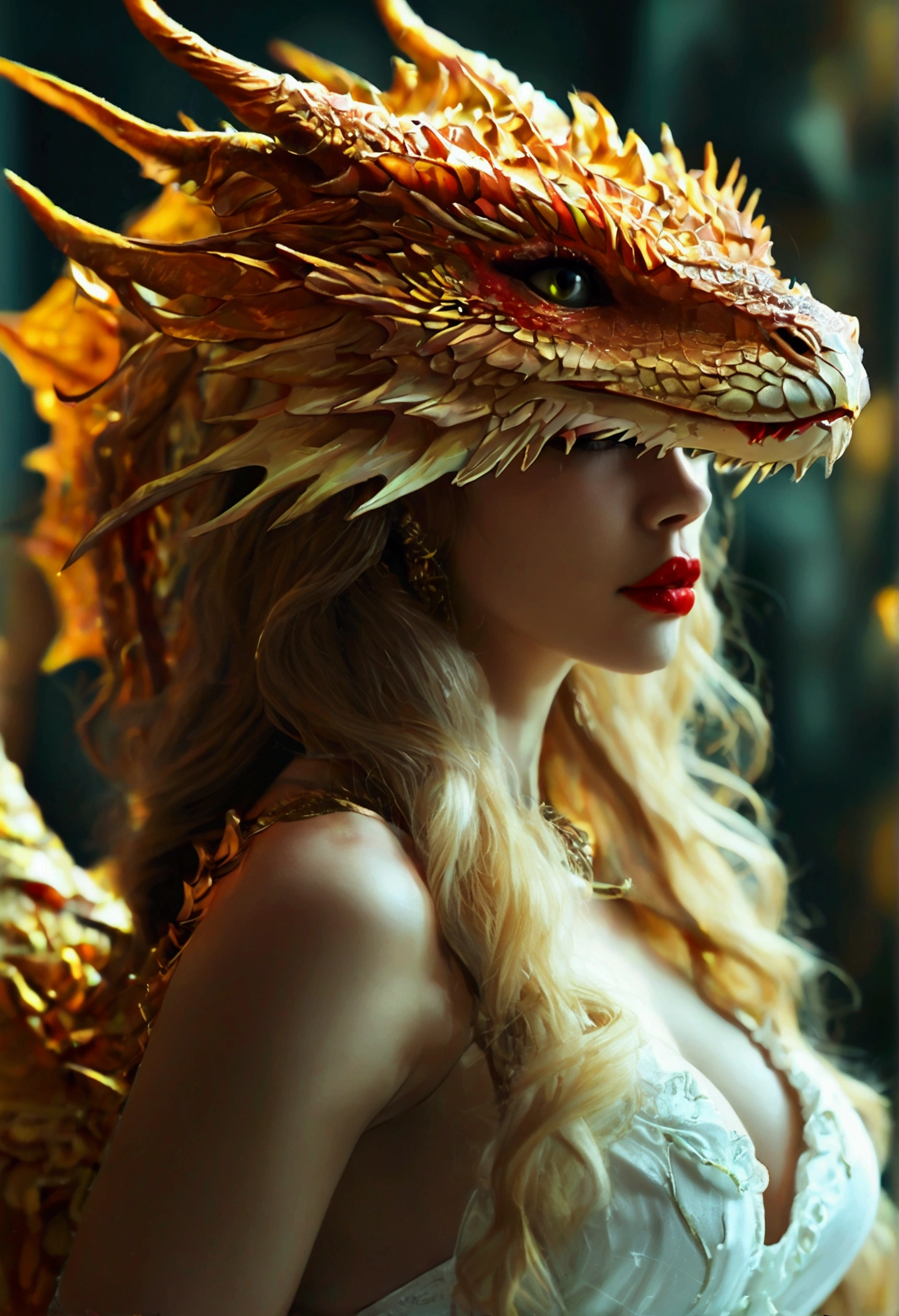 beautiful Female dragon, arrogant and proud, with an empowered and arrogant woman pose, long blonde-brown hair, black eyes, wearing deep red lipstick, with her body full of scales, outstretched wings, golden-yellow scales, wearing a white dress