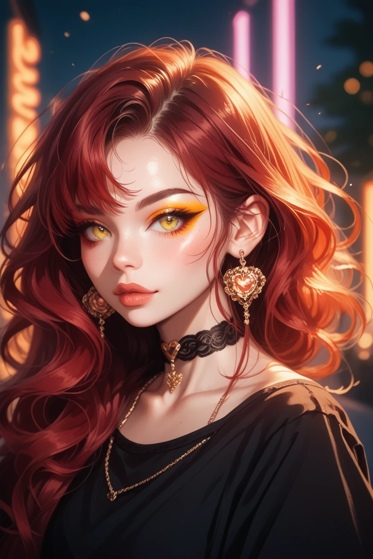 A highly detailed digital painting of a young woman with dark red hair, styled sleek and straight, wearing a choker with X-shaped designs. She has large, expressive yellow eyes and a soft orange eyeliner , warm complexion. Her outfit is a modern black top with a stylish and elegant design. The background is softly blurred with pastel tones, creating a dreamy and serene atmosphere. The art style is vibrant and colorful, with a focus on smooth shading and delicate facial expressions.