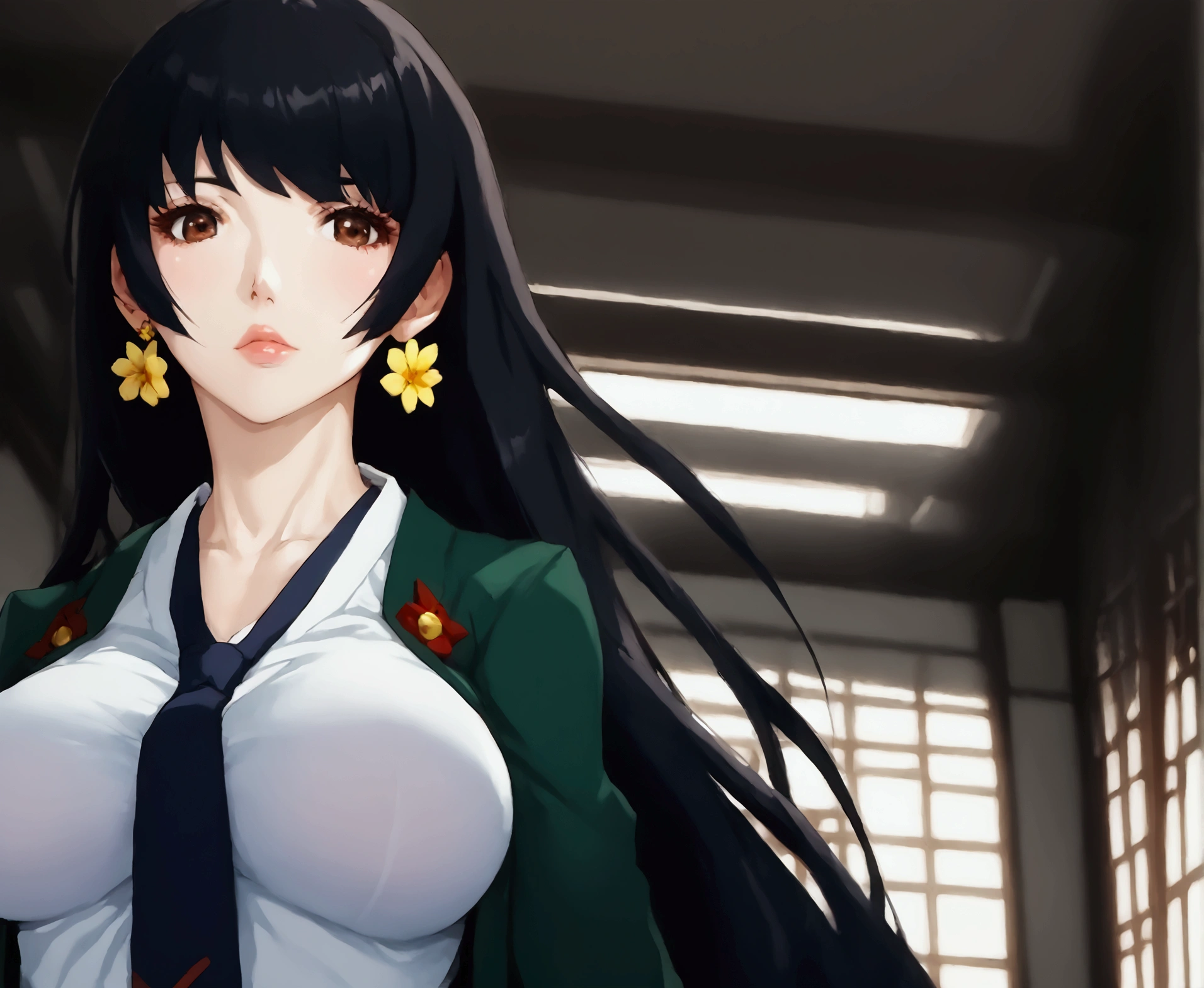 (  anime style  , anime 2d, detailed),   a beautiful teenage girl from high school with big and beautiful breasts , with long bluish black hair and beautiful fringe on the front ,   and wigs in the front that reach a little below the shoulder  ,   and pretty pink lips  ,   wearing a traditional Japanese uniform similar to a white shirt with the chest buttons partially open leaving the chest partially open, not a lot, with a tie,  and a green coat over her palace-like shirt Echo of a suit  ,  And a gray miniskirt ,   with long black socks that reach the base of the hips  ,   with gold flower earrings on the ears  ,  beautiful brown eyes ,  with a pair of long-barbed leather boots with red laces .   The background will be at a Japanese school and the character will have her back turned to a stairs downstairs  