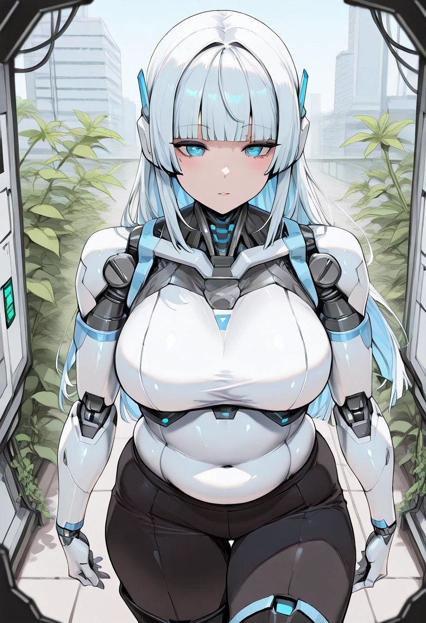 masterpiece, best quality, extremely detailed,portrait, Japanese android girl,Plump ,control panels,robot arms,robot,android,cyborg,robot body,blunt bangs,robot repair plant,black skinny pants,boots,blue eyes, 