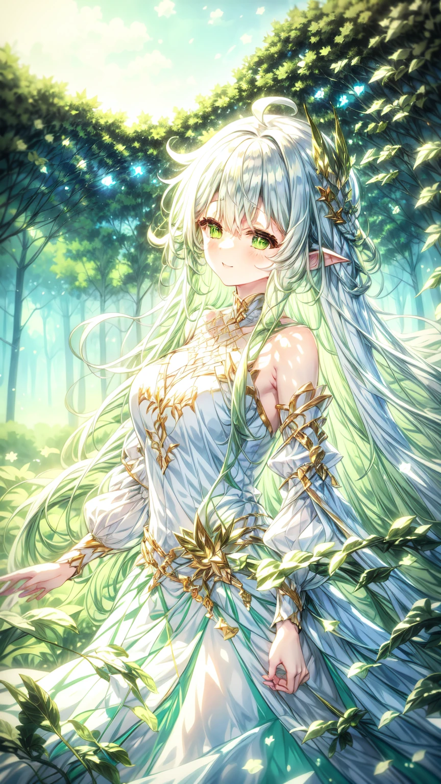 magical、 looking at the camera 、A smile、 Long fluffy green hair、hair in the wind、Colossal 、neckline、 White princess dresses 、Courtesy、 in the woods、Lots of overgrown plants ,rukkhadevata 