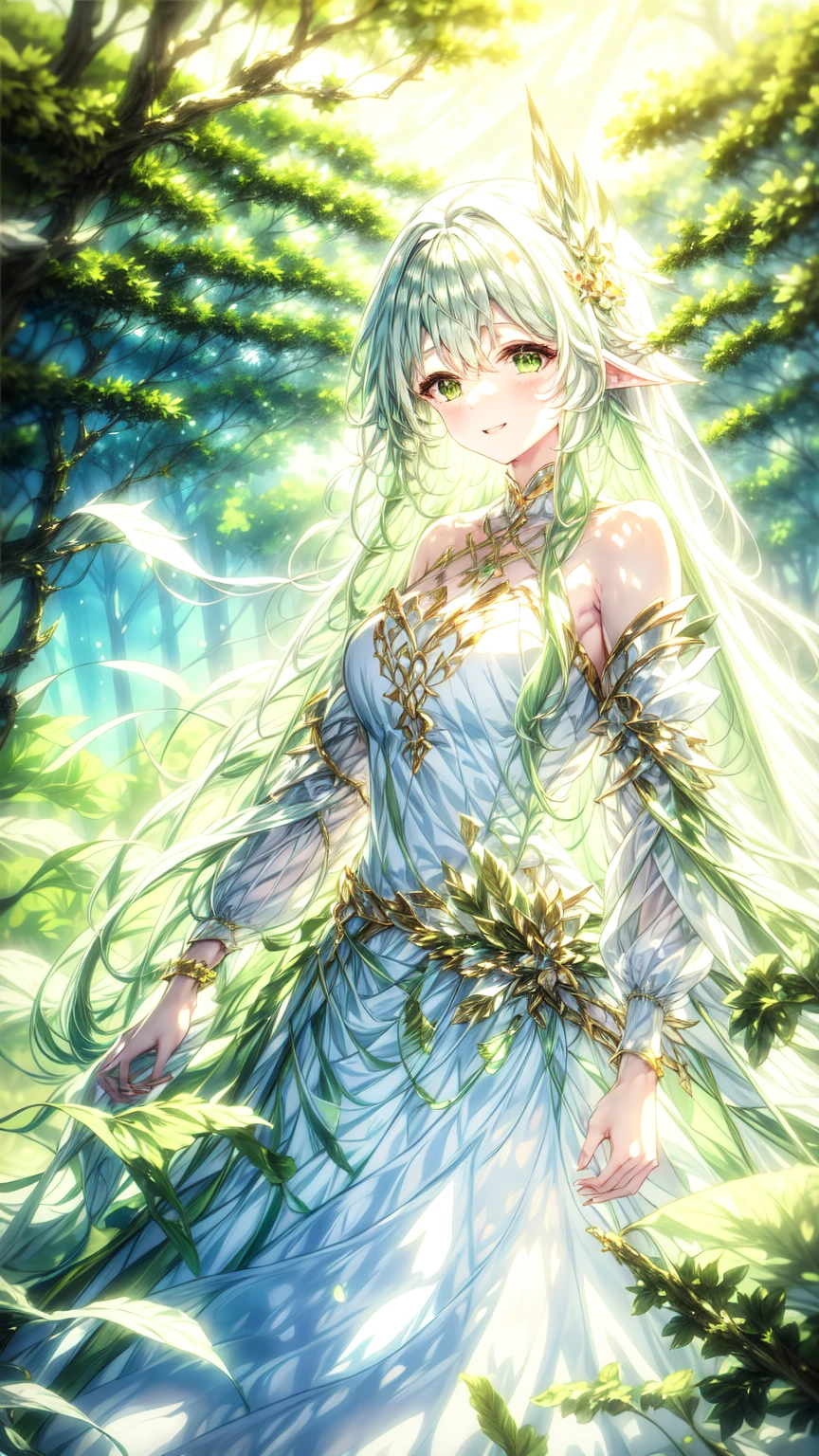 magical、 looking at the camera 、A smile、 Long fluffy green hair、hair in the wind、Colossal 、neckline、 White princess dresses 、Courtesy、 in the woods、Lots of overgrown plants ,rukkhadevata 