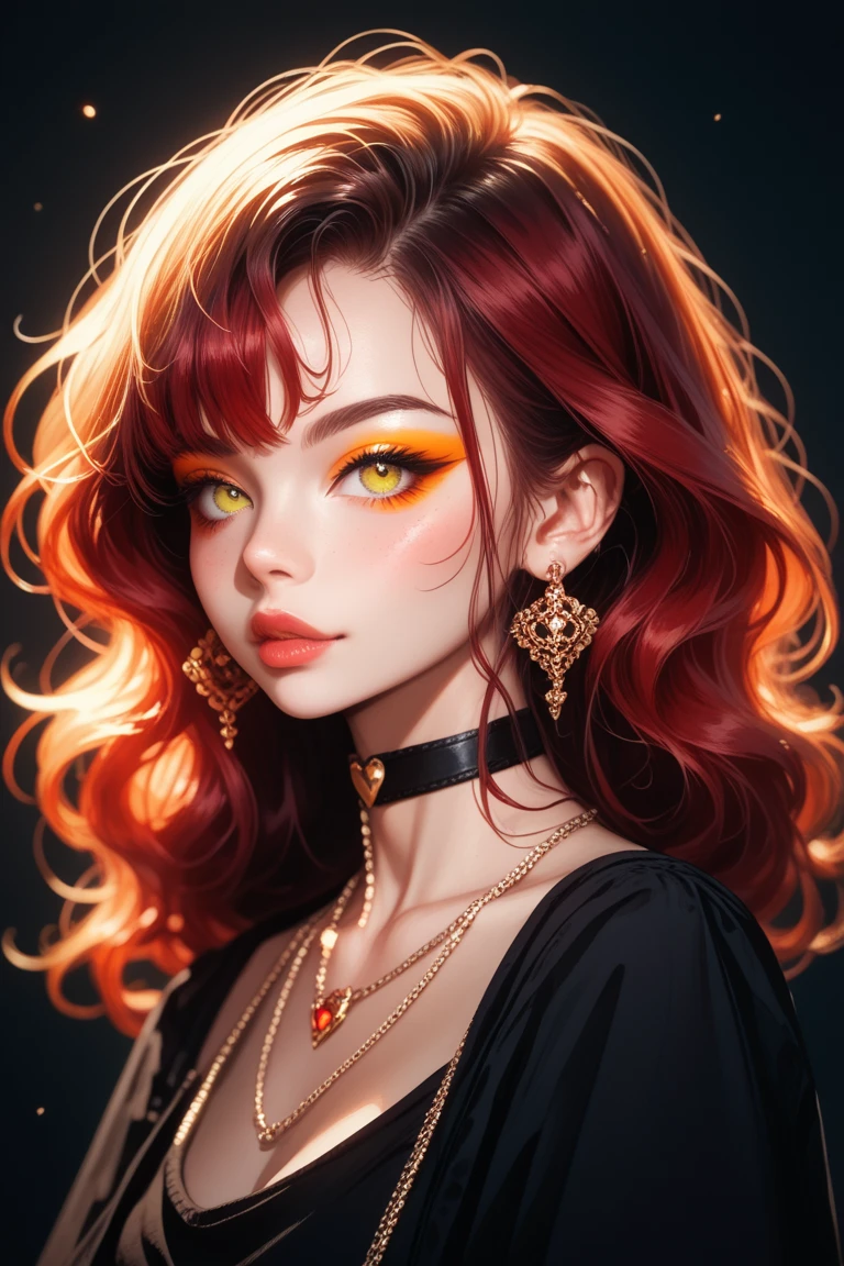 A highly detailed digital painting of a young woman with dark red hair, styled sleek and straight, wearing a choker with X-shaped designs. She has large, expressive yellow eyes and a soft orange eyeliner , warm complexion. Her outfit is a modern black top with a stylish and elegant design. The background is softly blurred with pastel tones, creating a dreamy and serene atmosphere. The art style is vibrant and colorful, with a focus on smooth shading and delicate facial expressions.