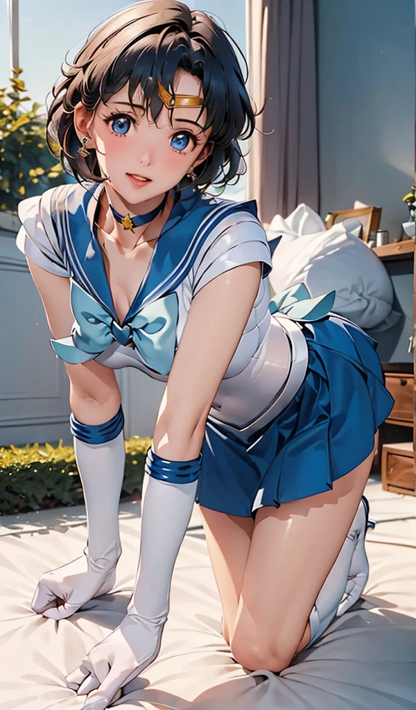   masterpiece  ,   top quality ,    high definition  ,   realistic  , Show more1,   tiara  ,   Sailor Warrior Uniform ,  blue skirt,  Blue Sailor Color ,   tiara  , bow,   Knee High Boots  ,   choker ,  white handbags, blue   choker , elbow gloves, gem,   One woman's earrings ,   pleated skirt ,   IN BED,   angle from below , ((spread pussy:1.1)), ((Get on all fours and start from behind:1.3)) 