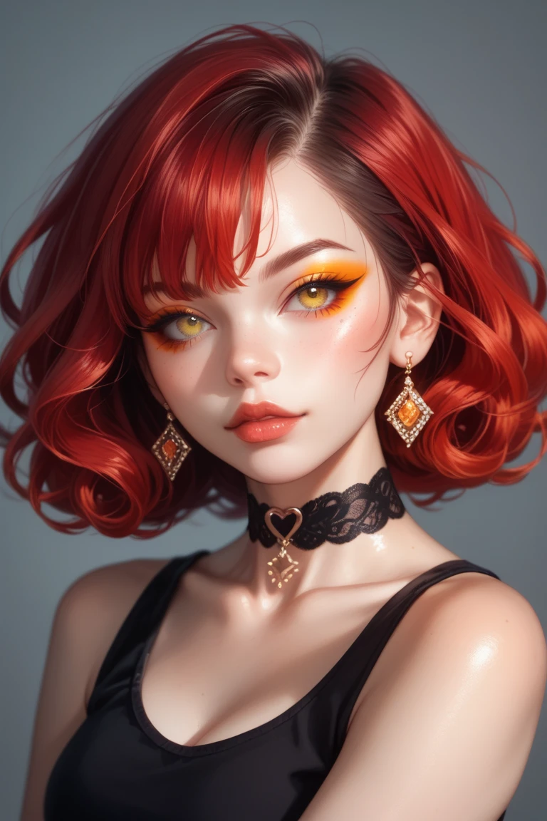 A highly detailed digital painting of a young woman with dark red hair, styled sleek and straight, wearing a choker with X-shaped designs. She has large, expressive yellow eyes and a soft orange eyeliner , warm complexion. Her outfit is a modern black top with a stylish and elegant design. The background is softly blurred with pastel tones, creating a dreamy and serene atmosphere. The art style is vibrant and colorful, with a focus on smooth shading and delicate facial expressions.